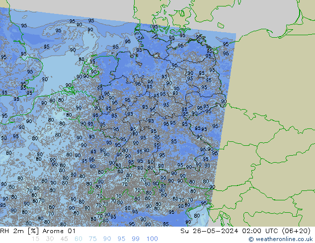 RH 2m Arome 01 星期日 26.05.2024 02 UTC