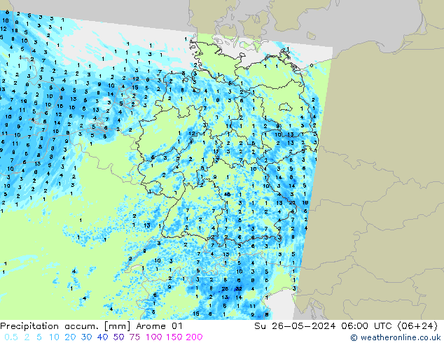 Precipitation accum. Arome 01 Su 26.05.2024 06 UTC