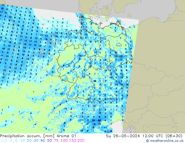 Precipitation accum. Arome 01 nie. 26.05.2024 12 UTC