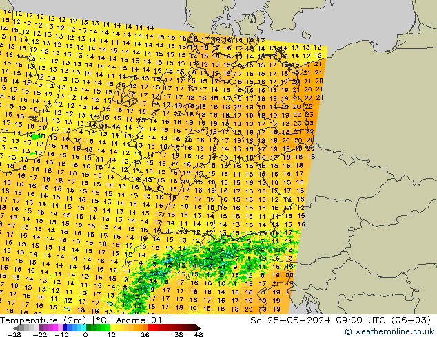 карта температуры Arome 01 сб 25.05.2024 09 UTC