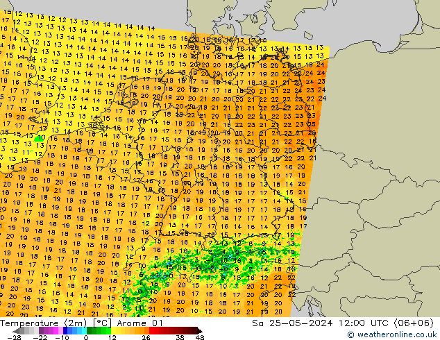 température (2m) Arome 01 sam 25.05.2024 12 UTC