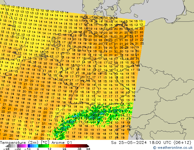 Temperatuurkaart (2m) Arome 01 za 25.05.2024 18 UTC