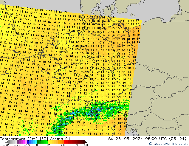 Temperatuurkaart (2m) Arome 01 zo 26.05.2024 06 UTC