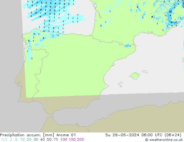 Precipitation accum. Arome 01 nie. 26.05.2024 06 UTC