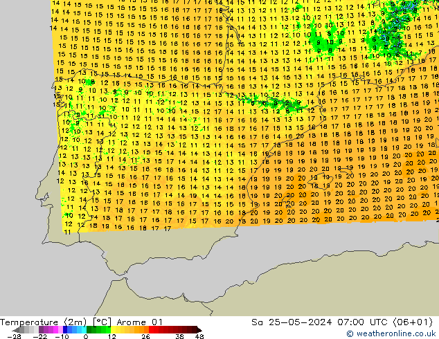 Temperature (2m) Arome 01 Sa 25.05.2024 07 UTC