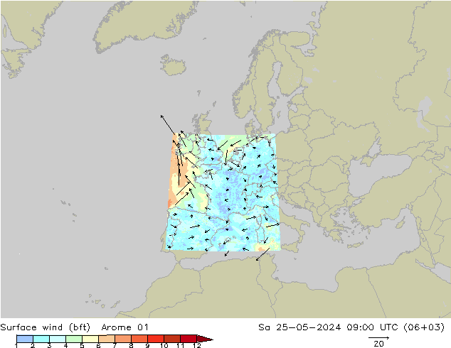 wiatr 10 m (bft) Arome 01 so. 25.05.2024 09 UTC