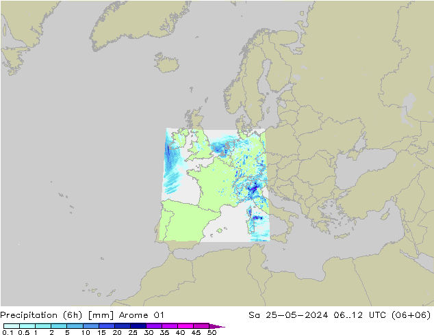 Totale neerslag (6h) Arome 01 za 25.05.2024 12 UTC