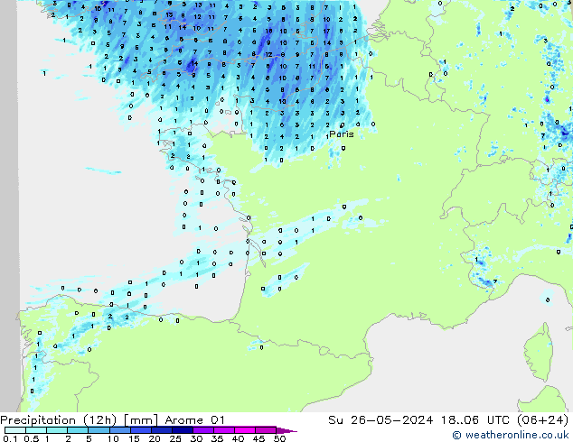 Precipitação (12h) Arome 01 Dom 26.05.2024 06 UTC