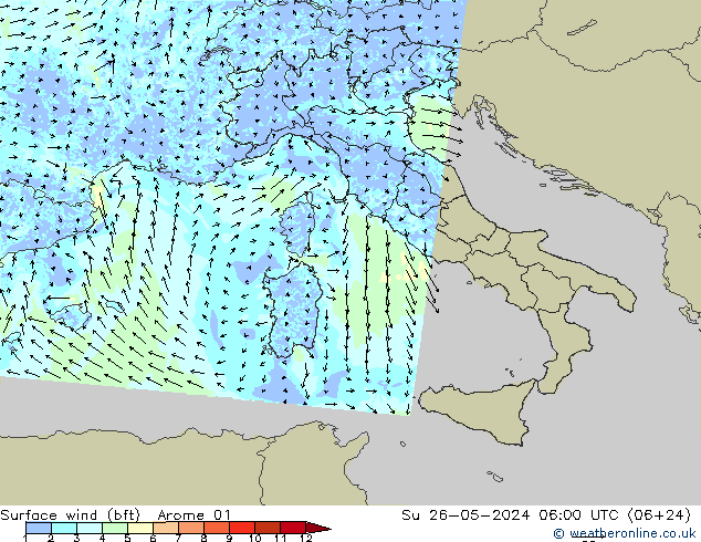 Bodenwind (bft) Arome 01 So 26.05.2024 06 UTC