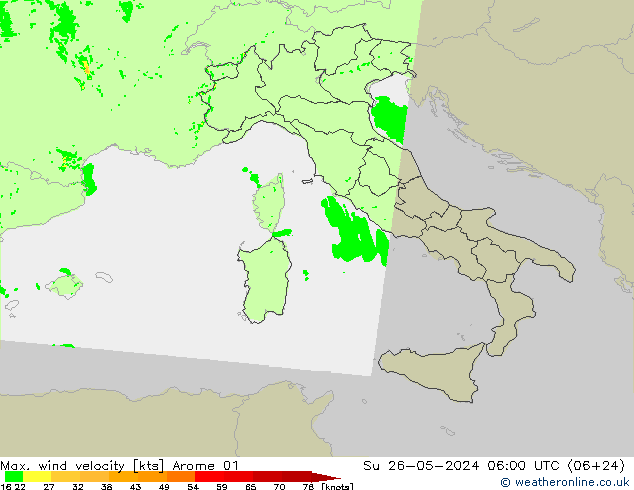 Max. wind velocity Arome 01 nie. 26.05.2024 06 UTC