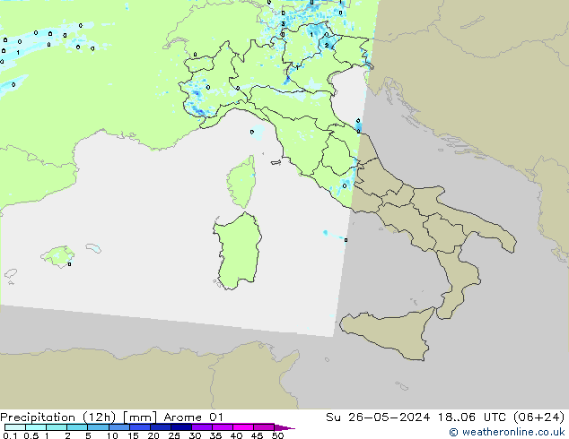 Totale neerslag (12h) Arome 01 zo 26.05.2024 06 UTC