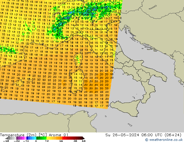 карта температуры Arome 01 Вс 26.05.2024 06 UTC