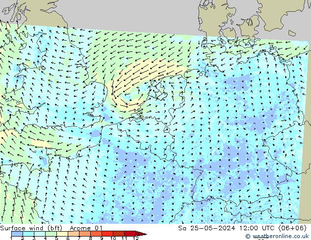 Wind 10 m (bft) Arome 01 za 25.05.2024 12 UTC