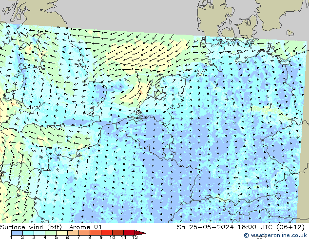 Viento 10 m (bft) Arome 01 sáb 25.05.2024 18 UTC