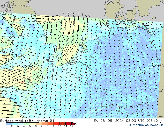 Surface wind (bft) Arome 01 Su 26.05.2024 03 UTC