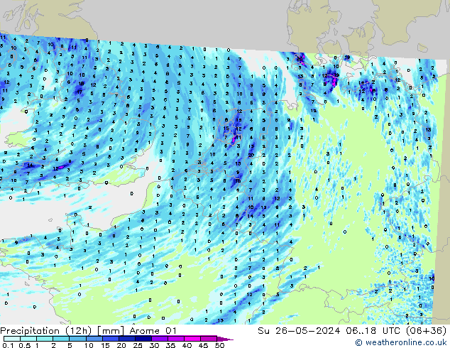 Precipitation (12h) Arome 01 Su 26.05.2024 18 UTC