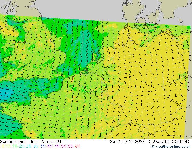 wiatr 10 m Arome 01 nie. 26.05.2024 06 UTC