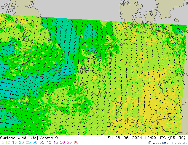 Rüzgar 10 m Arome 01 Paz 26.05.2024 12 UTC