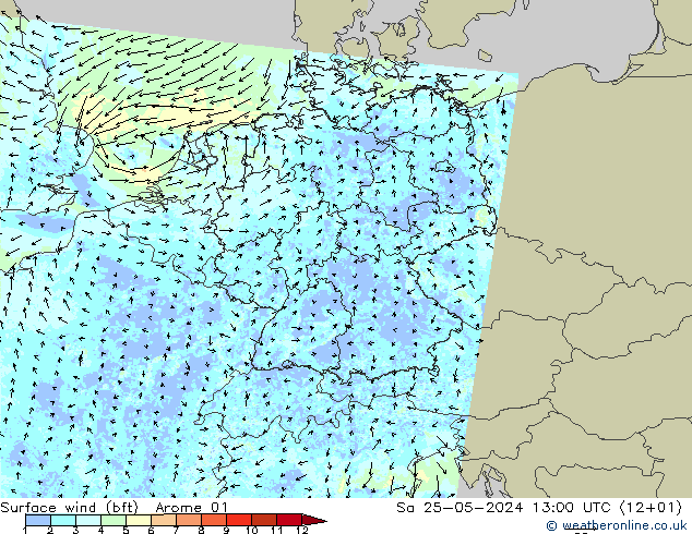 Wind 10 m (bft) Arome 01 za 25.05.2024 13 UTC