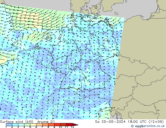 wiatr 10 m (bft) Arome 01 so. 25.05.2024 18 UTC