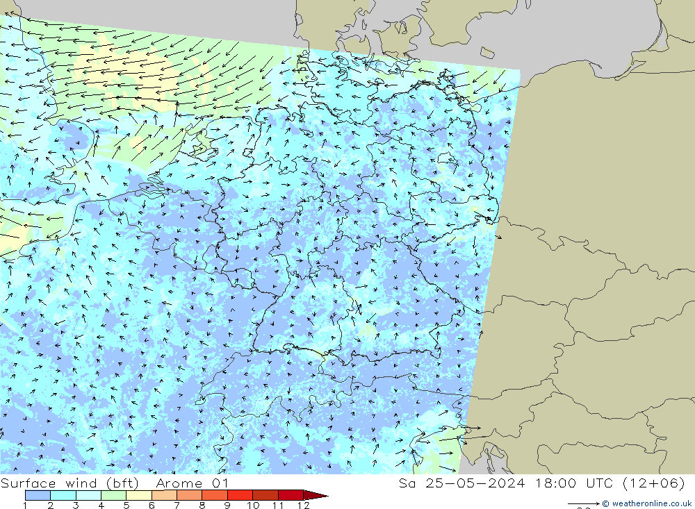 Rüzgar 10 m (bft) Arome 01 Cts 25.05.2024 18 UTC