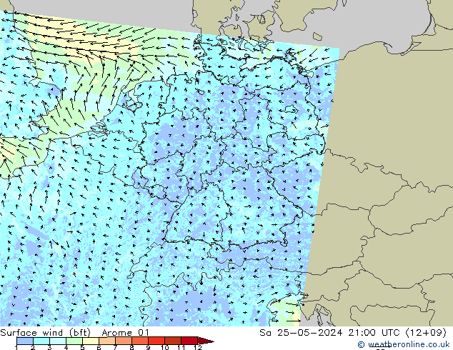 Vento 10 m (bft) Arome 01 sab 25.05.2024 21 UTC