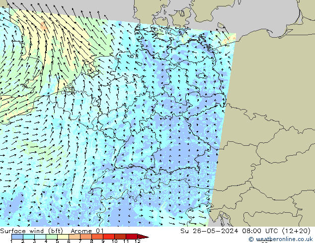 Viento 10 m (bft) Arome 01 dom 26.05.2024 08 UTC