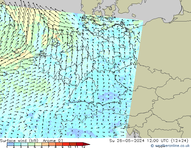 Wind 10 m (bft) Arome 01 zo 26.05.2024 12 UTC