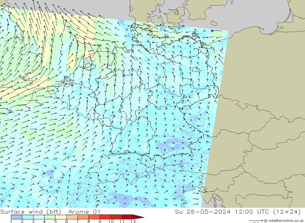 wiatr 10 m (bft) Arome 01 nie. 26.05.2024 12 UTC