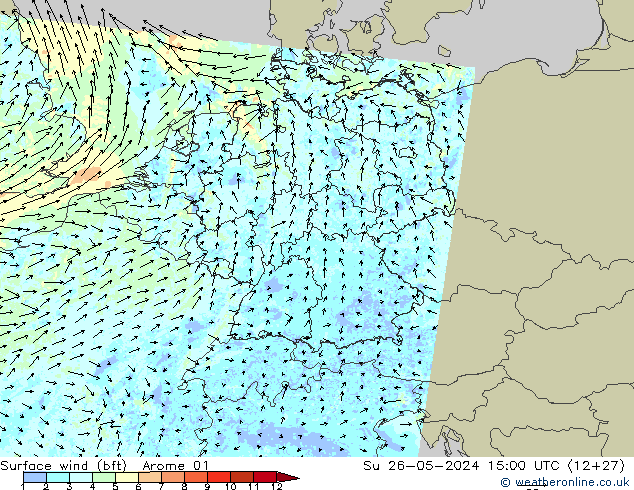 Bodenwind (bft) Arome 01 So 26.05.2024 15 UTC