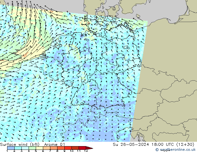 Surface wind (bft) Arome 01 Su 26.05.2024 18 UTC