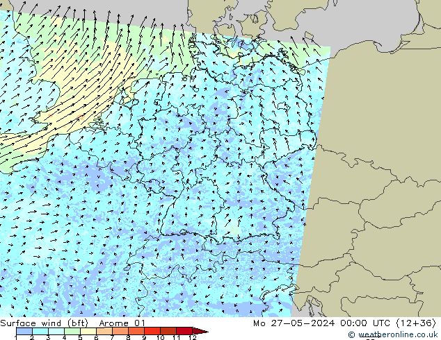 Viento 10 m (bft) Arome 01 lun 27.05.2024 00 UTC