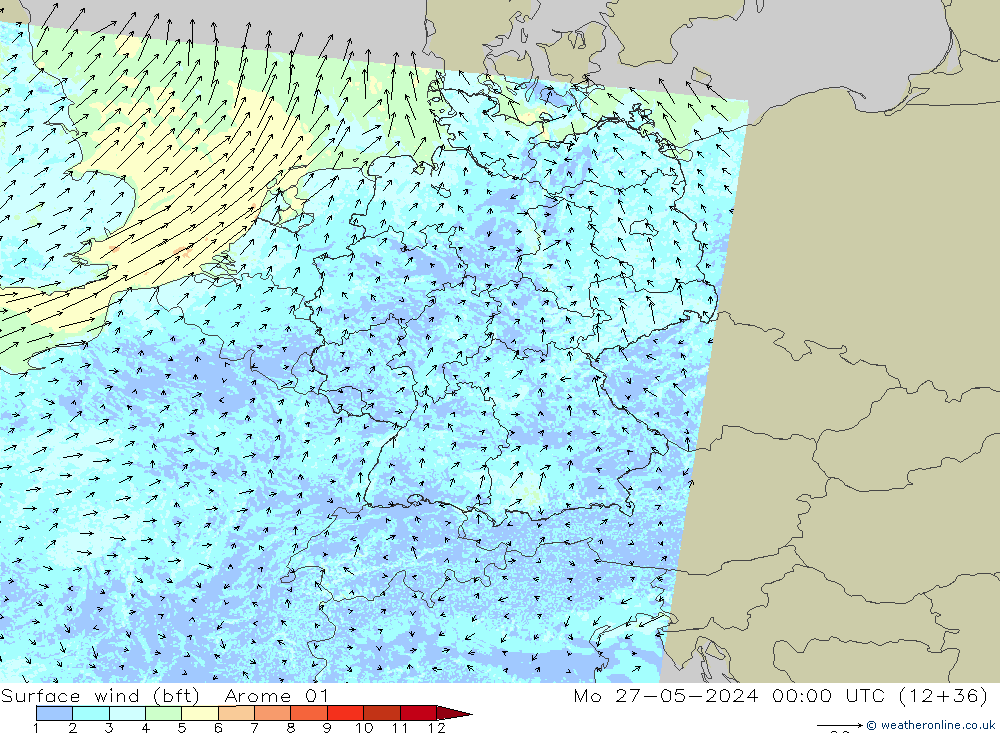 Surface wind (bft) Arome 01 Mo 27.05.2024 00 UTC