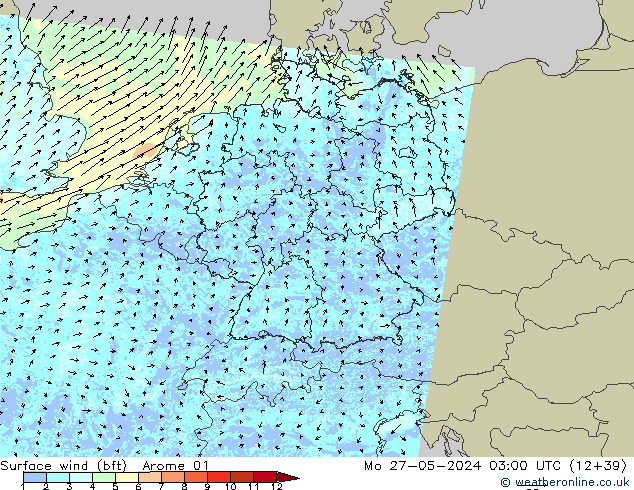 Surface wind (bft) Arome 01 Mo 27.05.2024 03 UTC