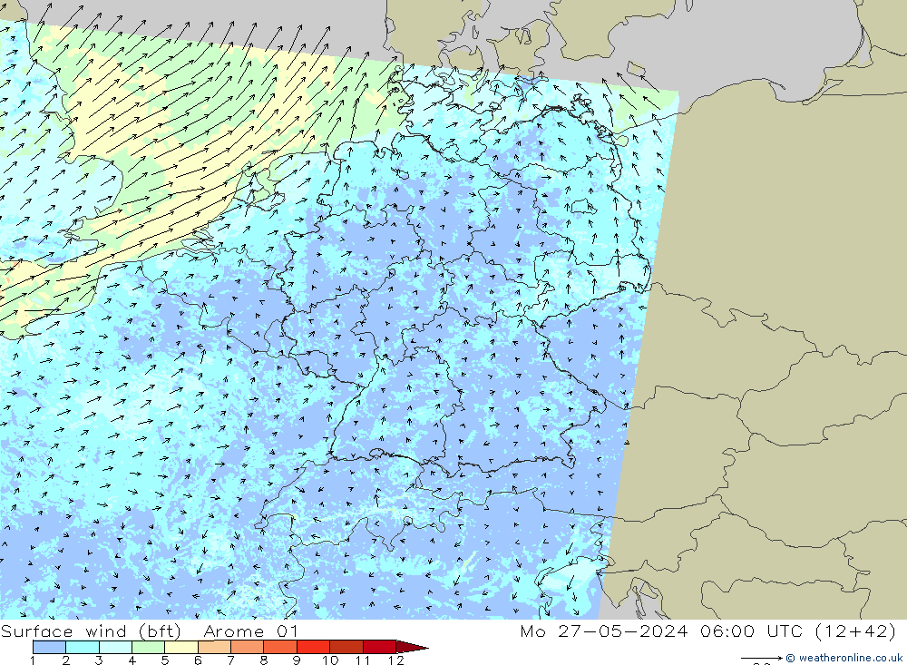 Bodenwind (bft) Arome 01 Mo 27.05.2024 06 UTC