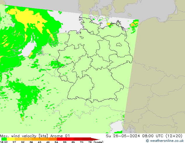 Max. wind velocity Arome 01 Su 26.05.2024 08 UTC