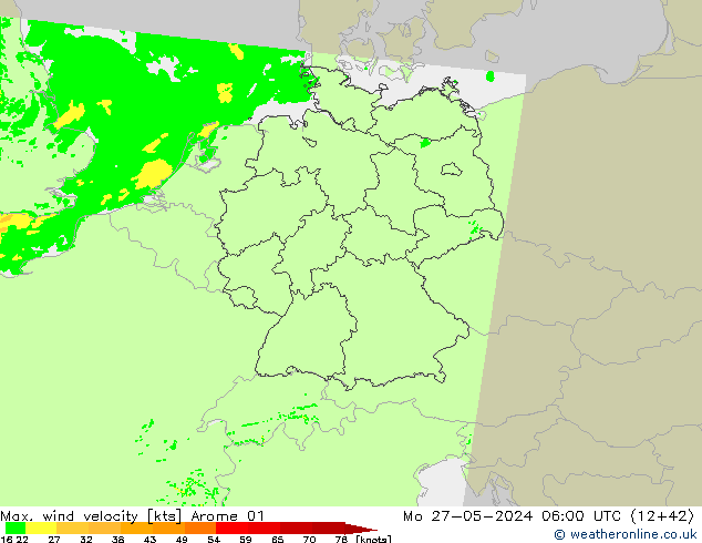 Max. wind snelheid Arome 01 ma 27.05.2024 06 UTC