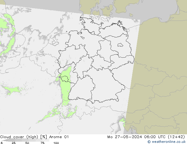 Cloud cover (high) Arome 01 Mo 27.05.2024 06 UTC