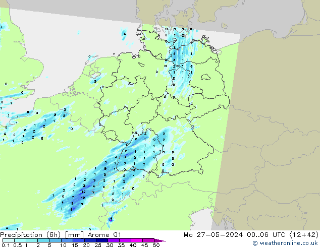 Totale neerslag (6h) Arome 01 ma 27.05.2024 06 UTC