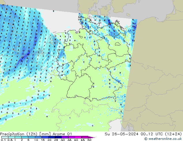 Totale neerslag (12h) Arome 01 zo 26.05.2024 12 UTC