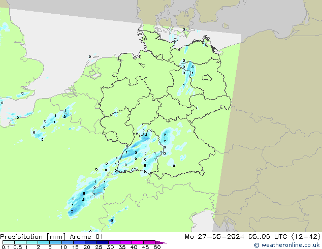 Srážky Arome 01 Po 27.05.2024 06 UTC