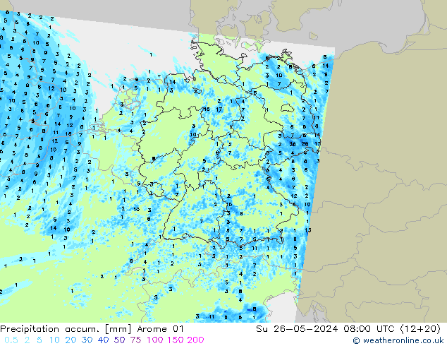 Precipitation accum. Arome 01 nie. 26.05.2024 08 UTC