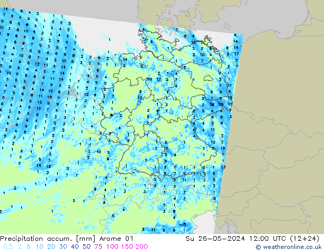 Precipitation accum. Arome 01 Su 26.05.2024 12 UTC