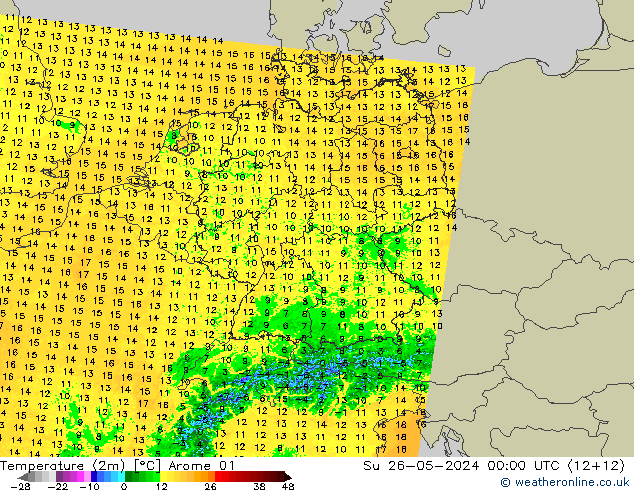 Temperatuurkaart (2m) Arome 01 zo 26.05.2024 00 UTC