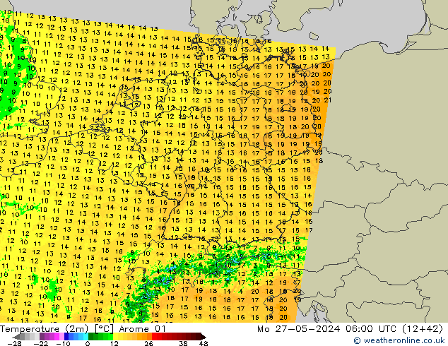 Temperatuurkaart (2m) Arome 01 ma 27.05.2024 06 UTC