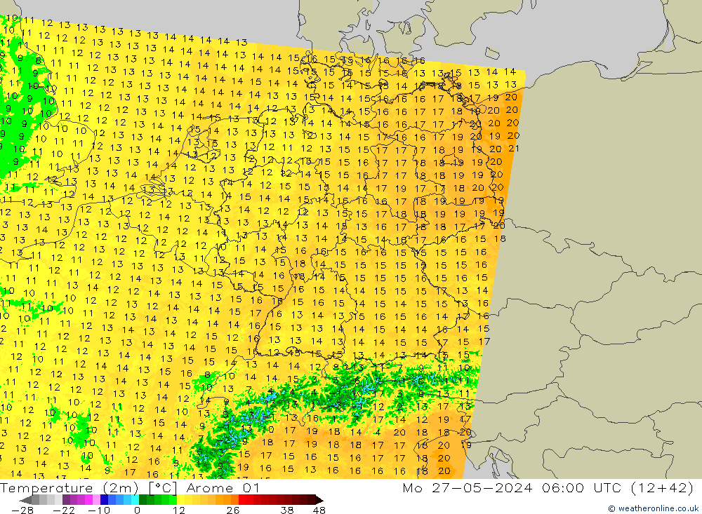 карта температуры Arome 01 пн 27.05.2024 06 UTC