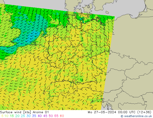 Surface wind Arome 01 Mo 27.05.2024 00 UTC