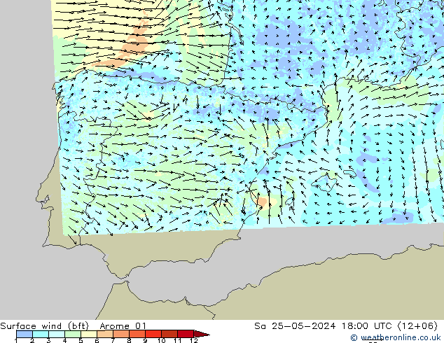 Bodenwind (bft) Arome 01 Sa 25.05.2024 18 UTC