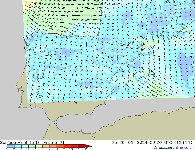 Viento 10 m (bft) Arome 01 dom 26.05.2024 09 UTC