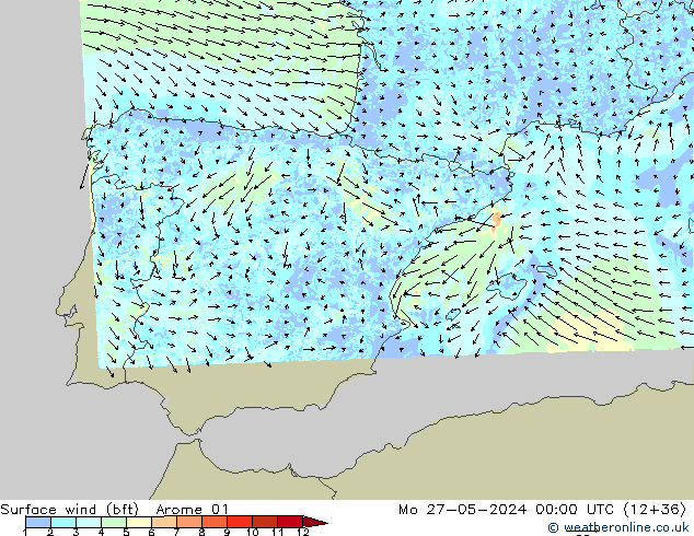 Surface wind (bft) Arome 01 Mo 27.05.2024 00 UTC